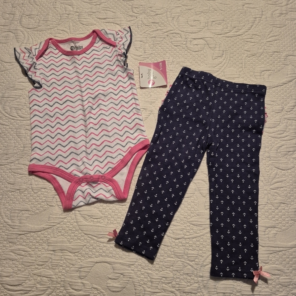 Baby Gear girls 9-12 months white bodysuit with navy leggings NWT